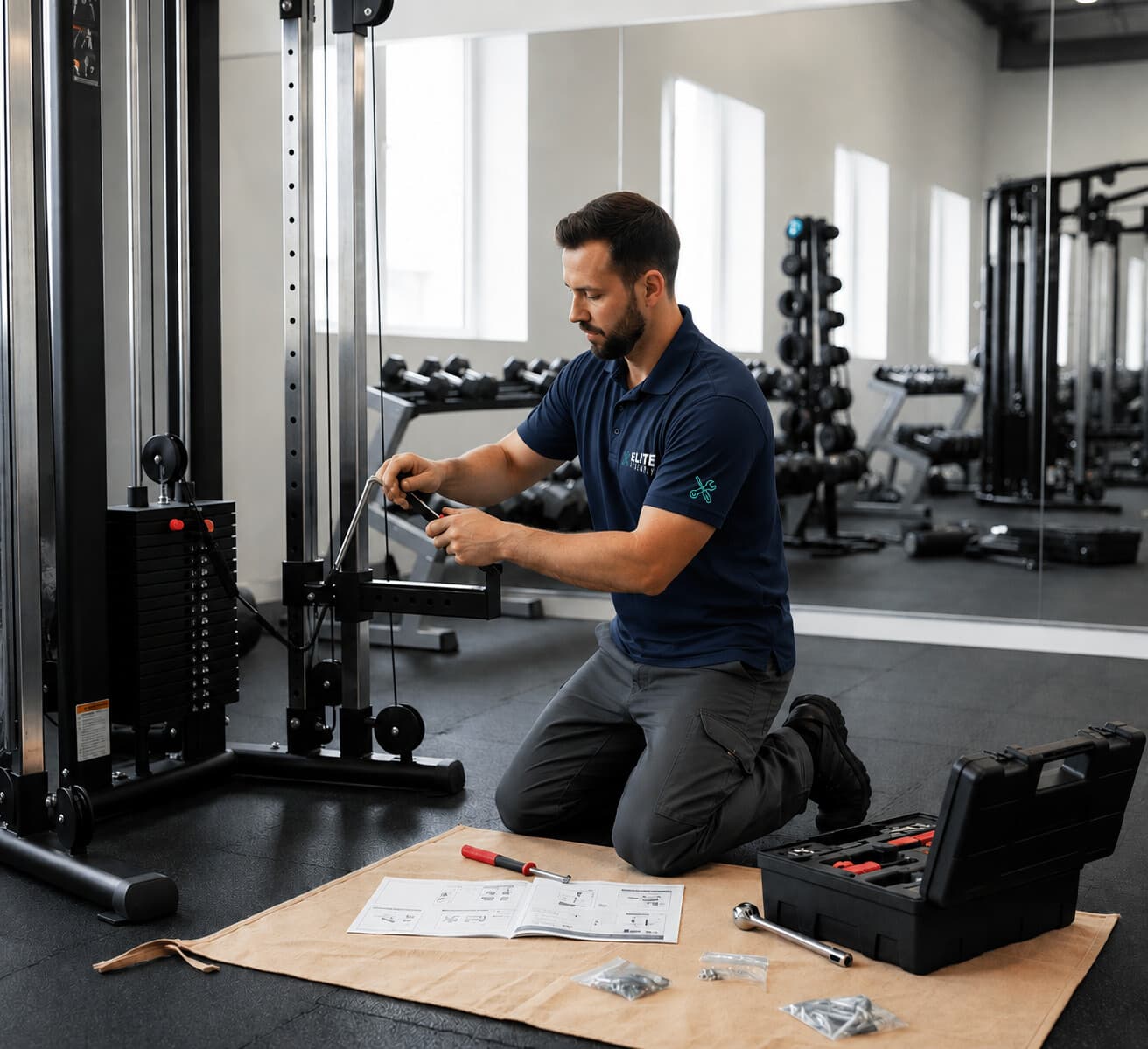 Technician assembling a commercial cable-machine gym unit